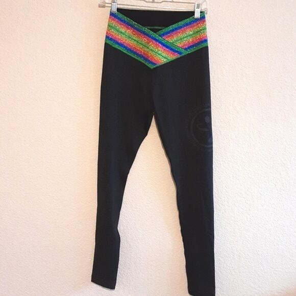 Zumba Wear Rainbow Sparkle Glitter Belted Workout Spellout Black Leggings M - Picture 3 of 13